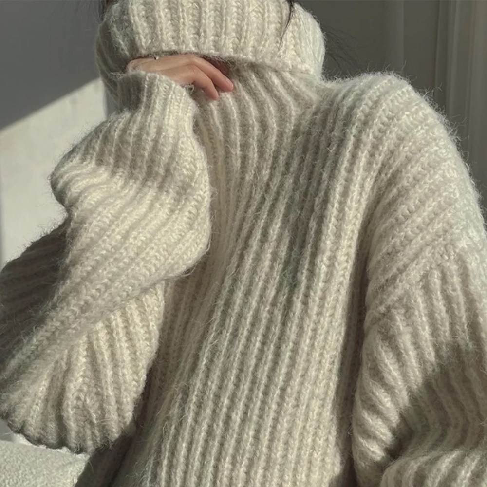 GORGEOUS Chunky Oversized Cozy Warm Blue Turtleneck Rib Fuzz Thick Heavy Sweater - Picture 4 of 8